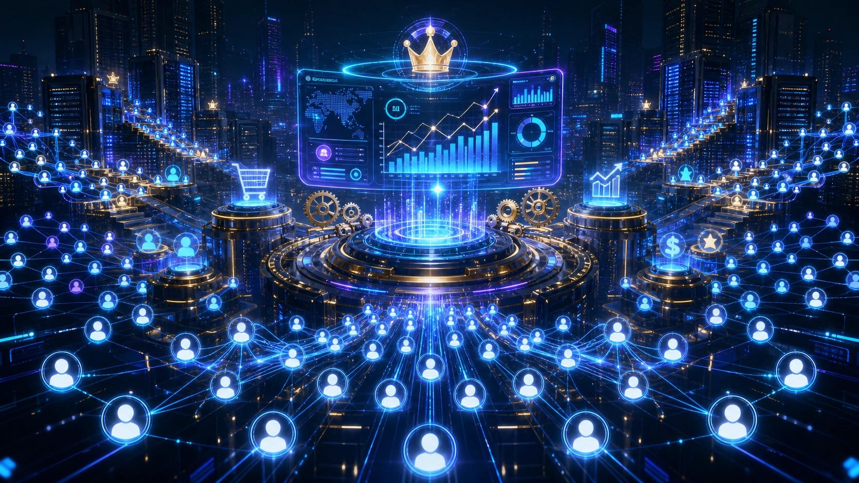 An MLM network connected to a holographic dashboard that organizes activity data