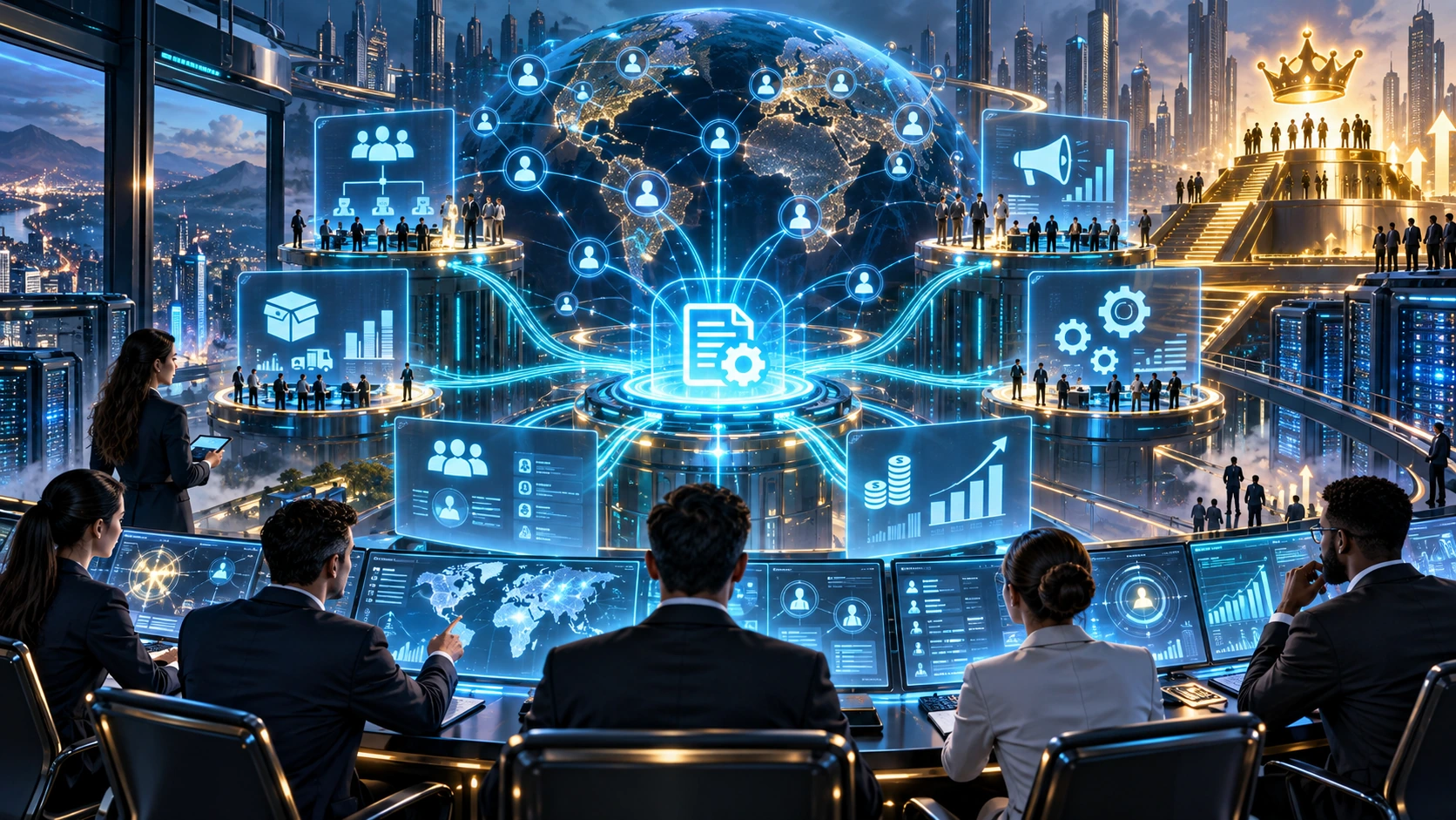 An operations team at holographic dashboards connecting a global distributor network.