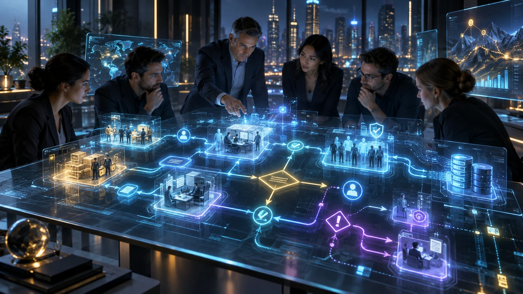 A team studies a holographic map of business processes before developing a platform