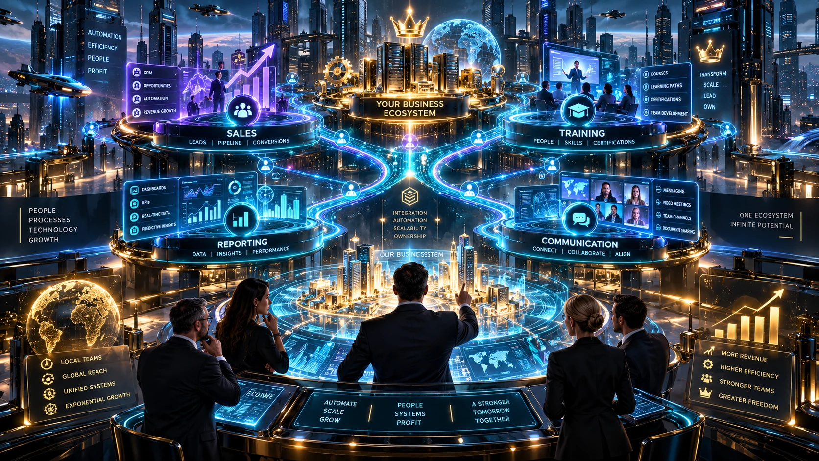 A team connects sales, training, reporting, and communication tools in one digital ecosystem